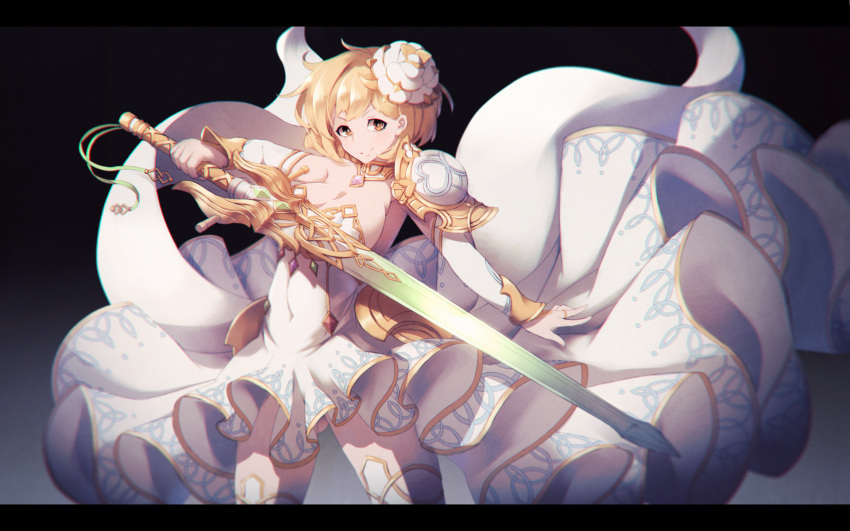 1girl, 307_(aho307), blonde_hair, breasts, cleavage, closed_mouth, commentary, detached_sleeves, djeeta_(granblue_fantasy), dress, flower, granblue_fantasy, hair_flower, hair_ornament, highres, holding, holding_sword, holding_weapon, large_breasts, legs_apart, letterboxed, looking_at_viewer, short_hair, smile, solo, spaulders, standing, sword, the_glory, weapon, white_dress, white_flower, yellow_eyes