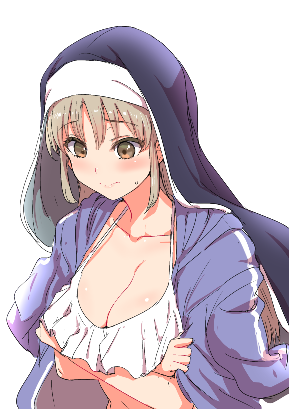 arms_under_breasts, bikini, blue_hoodie, blush, breasts, brown_eyes, clearite, cleavage