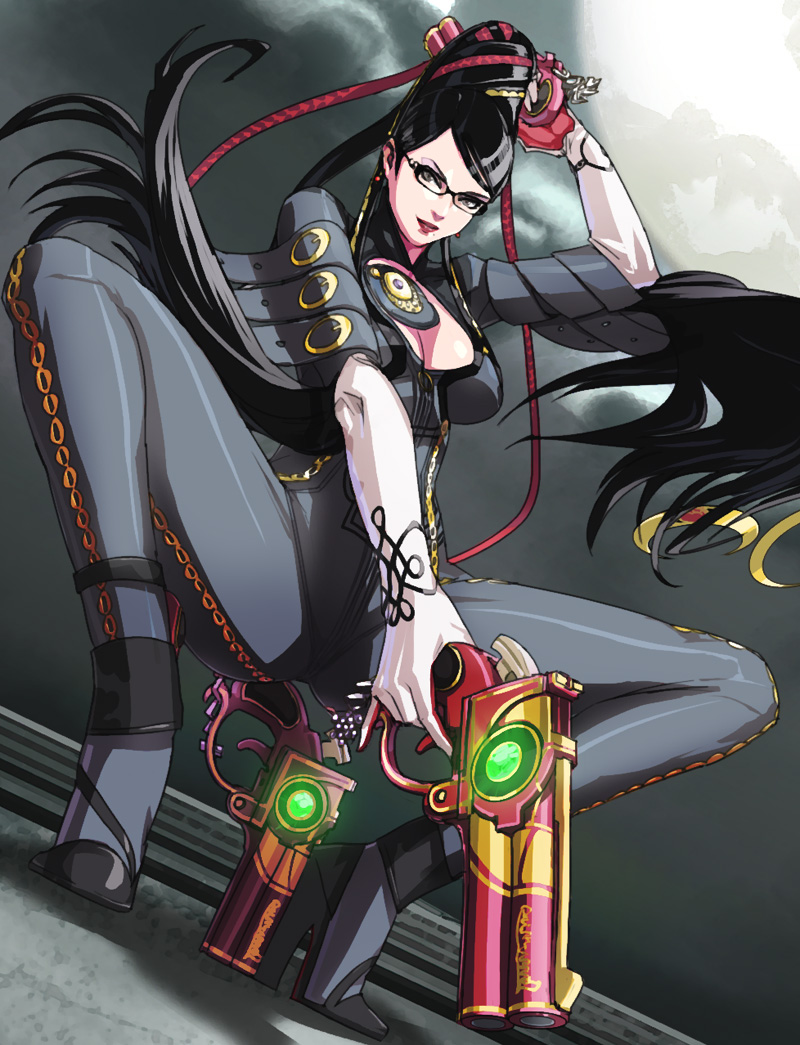 akimbo, bayonetta, bayonetta_(character), black_hair, bodysuit, dual_wielding, eyeshadow, glasses