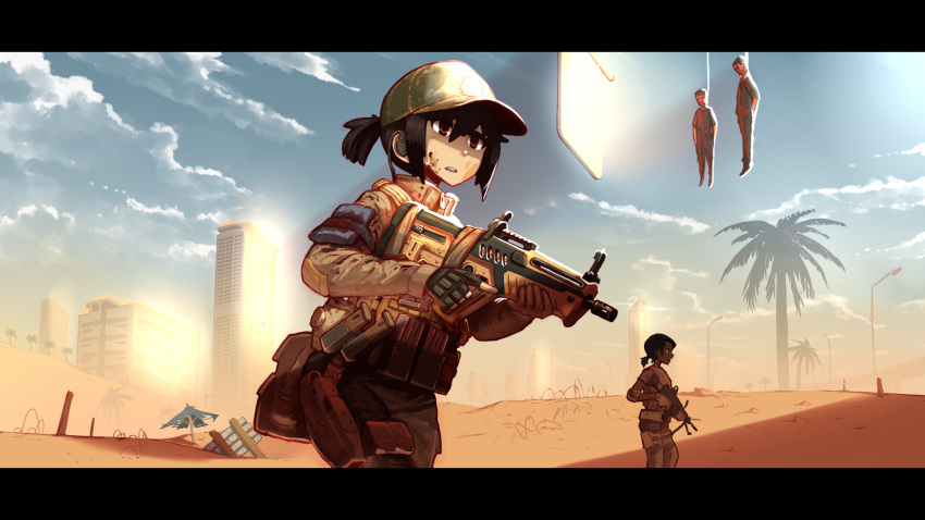 2girls, apocalypse, assault_rifle, baseball_cap, blood, blood_on_face, blood_splatter, body_armor