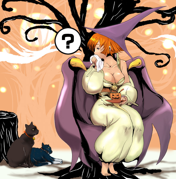 barefoot, blue_eyes, boots, breasts, capcom, cape, cat, chair, claws, cleavage, cup, dress, halloween, hat, inugami_mokekiyo, looking_back, moon, orange_hair, outdoors, pumpkin, red_earth, redhead, short_hair, sitting, tabasa, tea, teacup, tessa, tree, warzard, witch, witch_hat