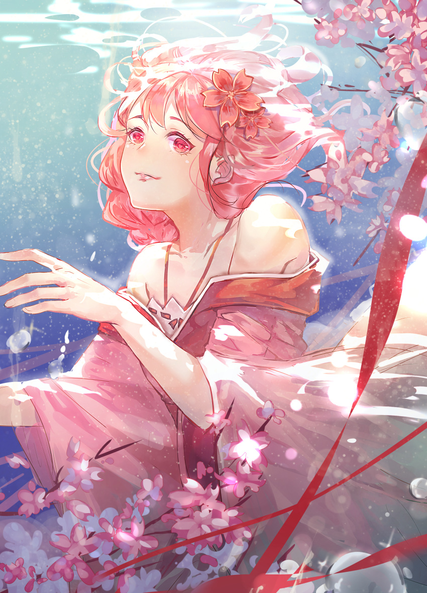 1girl, absurdres, bare_shoulders, flower, hair_flower, hair_ornament, highres, joan82610