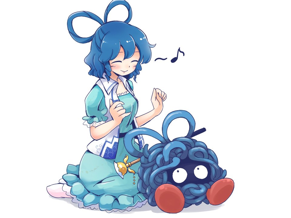 blue_dress, blue_hair, closed_eyes, dress, drill_hair, eyes_in_shadow, gen_1_pokemon, hair_ornament