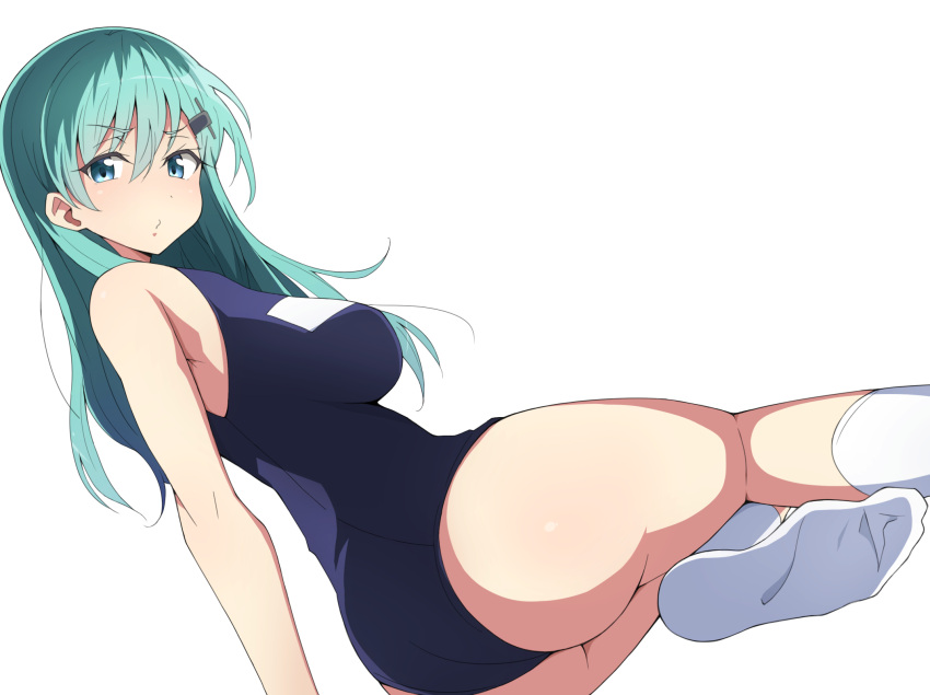 1girl, aqua_hair, arm_support, ass, blue_eyes, blush, breasts, closed_mouth