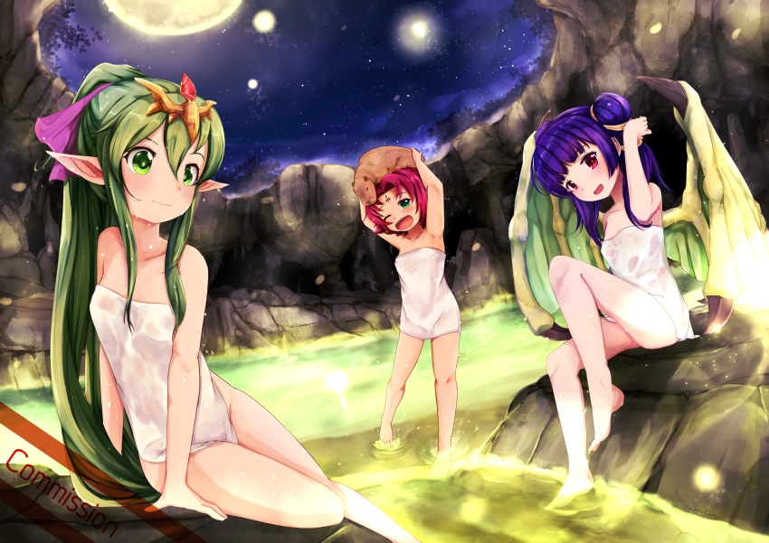 3girls, absurdres, arms_up, blackma_(pagus0012), bow, chiki, dragon_wings, fa