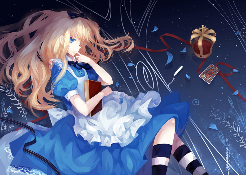 alice_(wonderland), alice_in_wonderland, blonde_hair, blue_eyes, book, card, crown