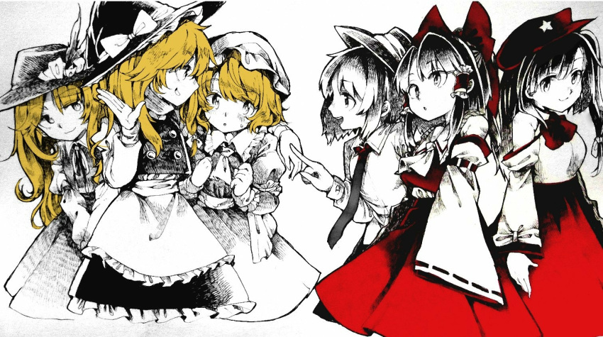 6+girls, ascot, bangs, blonde_hair, blush, bow, character_request, closed_mouth