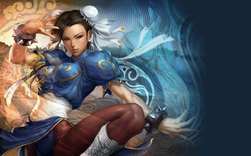 1440x900, artgerm, brown_eyes, brown_hair, bun_covers, capcom, chinadress, chinese_clothes, chun-li, double_bun, lipstick, muscle, spiked_bracelets, stanley_lau, street_fighter, wallpaper