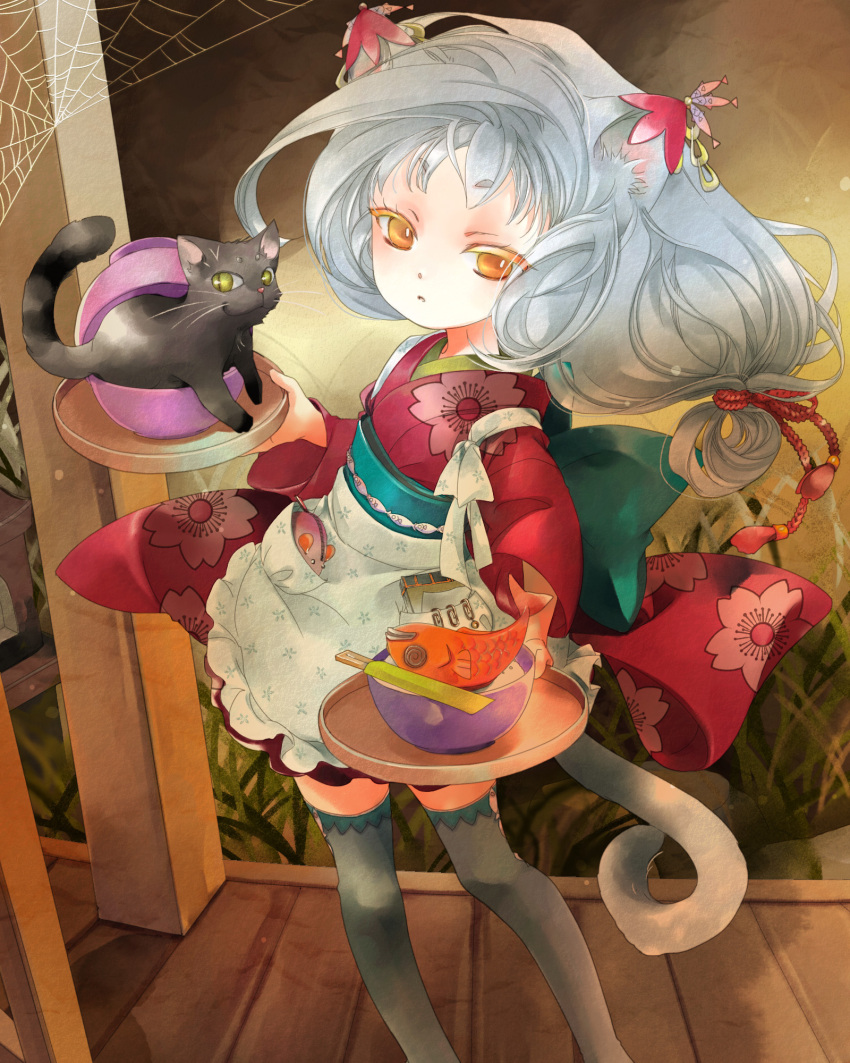 1girl, animal_ears, awai, brown_eyes, cat, cat_ears, cat_tail, fish