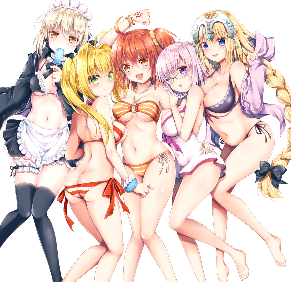 5girls, ahoge, apron, artoria_pendragon_(all), artoria_pendragon_(swimsuit_rider_alter), ass, bikini, black_bikini, black_skirt, blonde_hair, blue_eyes, braid, breasts, casual_one-piece_swimsuit, cleavage, fate/apocrypha, fate/extra, fate/grand_order, fate_(series), food, frilled_apron, frilled_bikini, frills, fujimaru_ritsuka_(female), geko, glasses, green_eyes, hair_intakes, hair_ornament, hair_over_one_eye, hair_scrunchie, headpiece, hood, hooded_jacket, hoodie, jacket, jeanne_d'arc_(fate), jeanne_d'arc_(fate)_(all), large_breasts, long_braid, maid_bikini, maid_headdress, mash_kyrielight, multiple_girls, nero_claudius_(fate), nero_claudius_(fate)_(all), one-piece_swimsuit, one_side_up, open_clothes, open_jacket, orange_bikini, orange_eyes, orange_hair, popsicle, purple_bikini, purple_hair, purple_jacket, saber_alter, scrunchie, short_hair, side-tie_bikini, single_braid, skirt, striped, striped_bikini, swimsuit, swimsuit_of_perpetual_summer, violet_eyes, white_apron, white_swimsuit, yellow_eyes