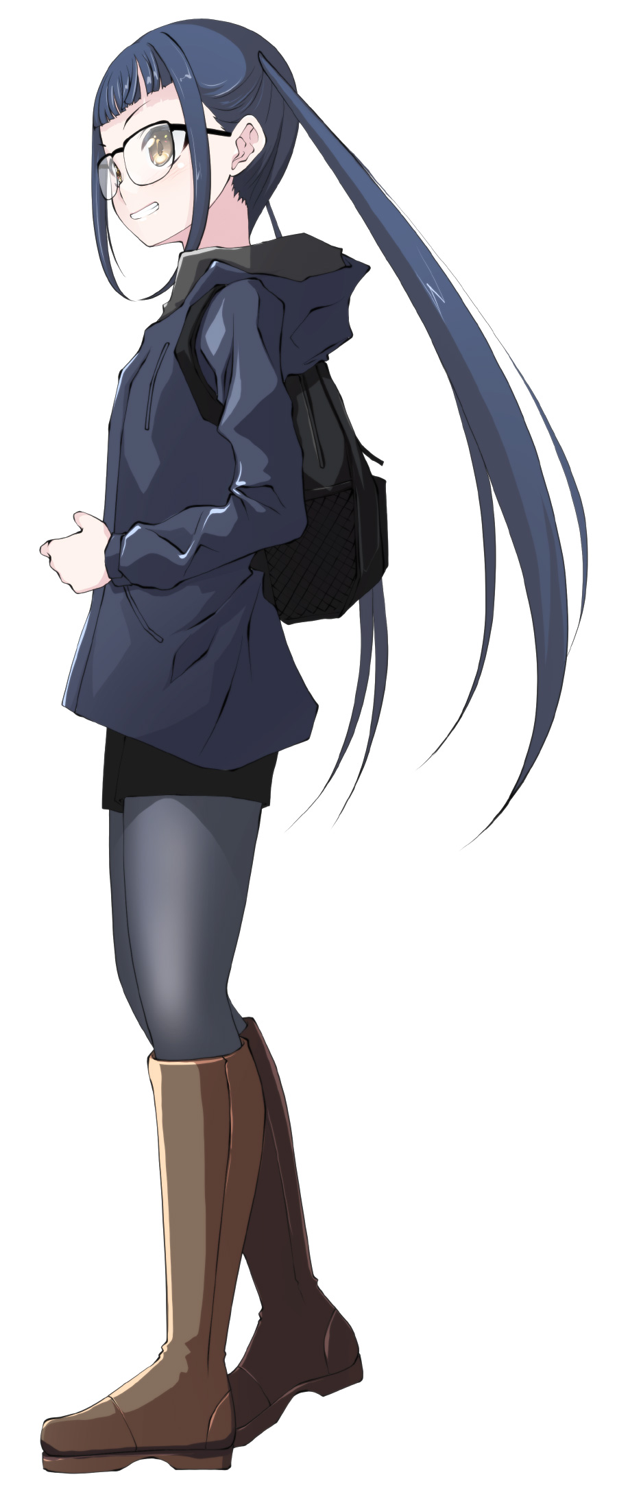 1girl, backpack, bag, bangs, black-framed_eyewear, blue_hair, blue_legwear, blunt_bangs