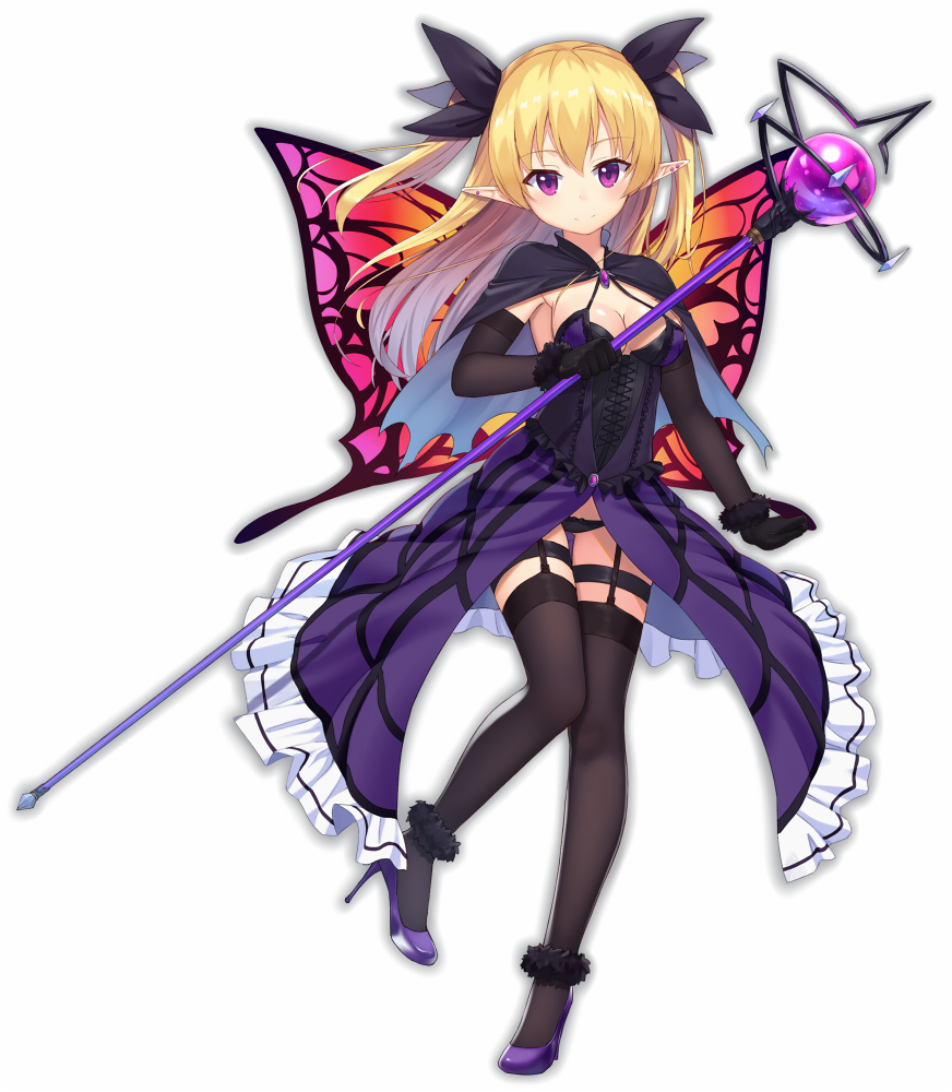 1girl, bangs, black_bow, black_cape, black_legwear, black_panties, blonde_hair, blue_cape