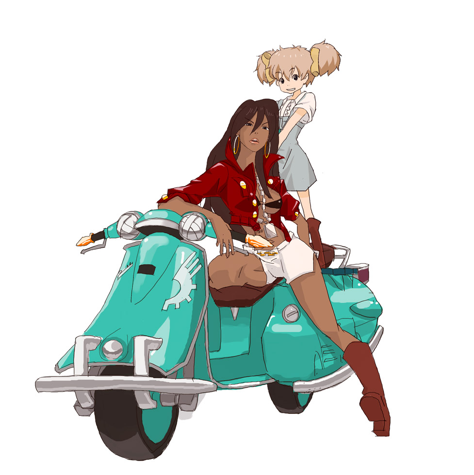 afropuffs, boots, breasts, brown_hair, chain, chains, crop_top, dark_skin, earrings, hatchin_morenos, jacket, jewelry, large_breasts, michiko_malandro, michiko_to_hacchin, michiko_to_hatchin, mother_and_daughter, motor_vehicle, motorcycle, scooter, shorts, twintails, uni_(gugurutan), uni_(pixiv218860), vehicle, vespa