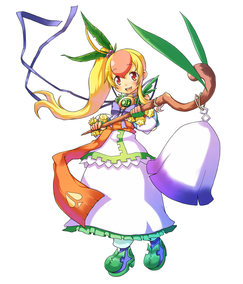 1girl, absurdres, bell, blonde_hair, blue_ribbon, dress, fingerless_gloves, full_body