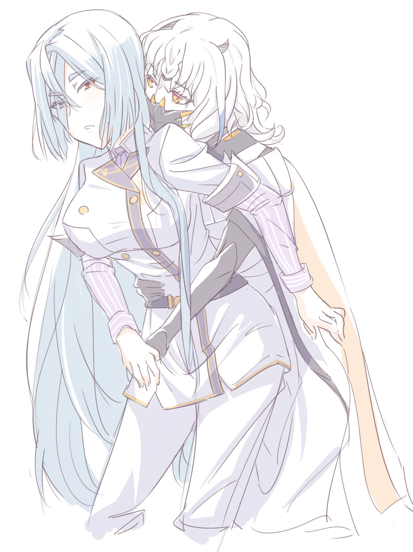 2girls, absurdres, artist_request, black_hair, eyes_visible_through_hair, hair_over_one_eye, highres, hug