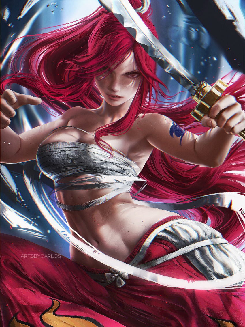 1girl, alternate_costume, armpits, artist_name, bandage, bangs, bare_arms, bare_shoulders, bow, breasts, carlos_miguel, cleavage, collarbone, commentary, cowboy_shot, erza_scarlet, facing_viewer, fairy_tail, fighting_stance, hair_bow, hakama, highres, holding, holding_sword, holding_weapon, japanese_clothes, katana, large_breasts, long_hair, navel, no_shirt, ponytail, red_hakama, redhead, sarashi, stomach, swept_bangs, sword, tattoo, very_long_hair, waist, weapon
