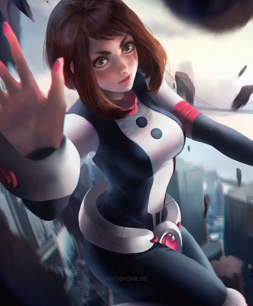 1girl, bodysuit, boku_no_hero_academia, breasts, bridge, brown_eyes, brown_hair, building