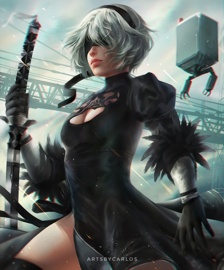 1girl, android, black_blindfold, black_dress, black_hairband, blindfold, boots, breasts