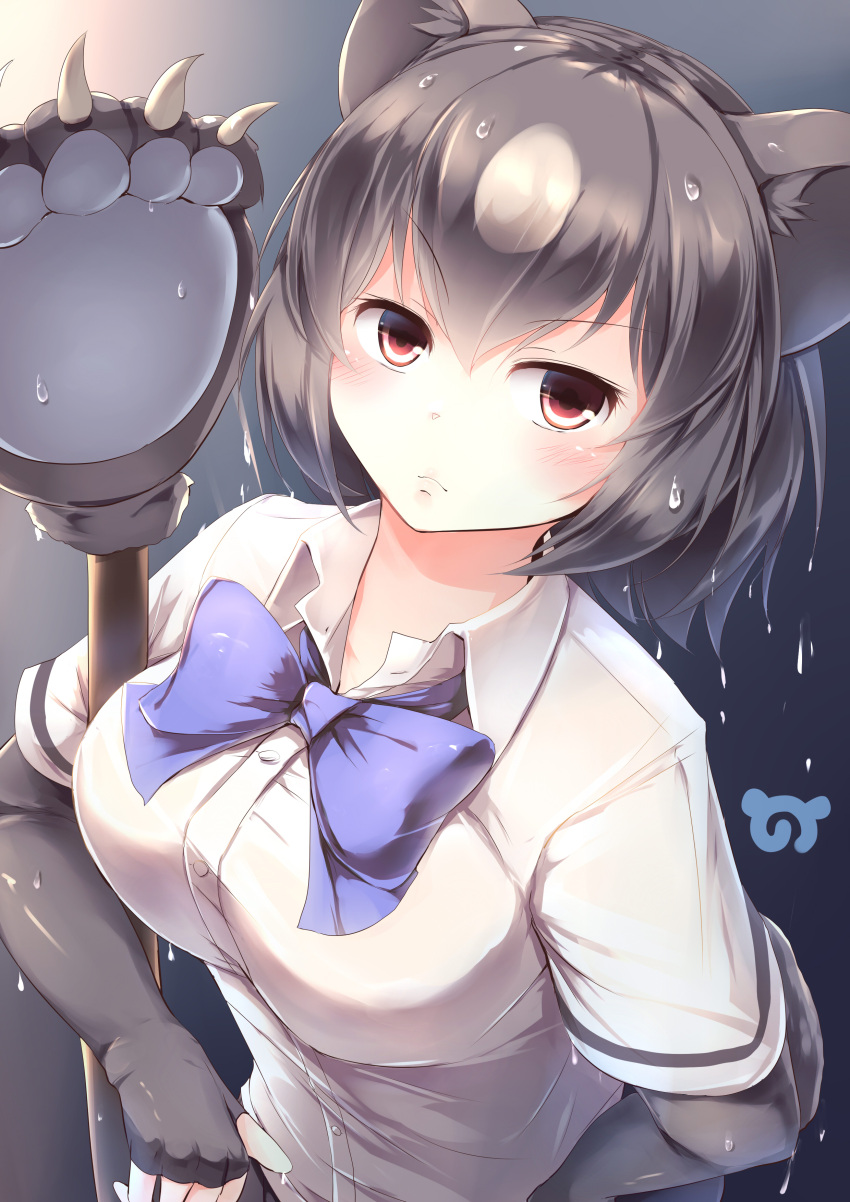 1girl, absurdres, bear_paw, blush, bow, bowtie, brown_bear_(kemono_friends), brown_hair