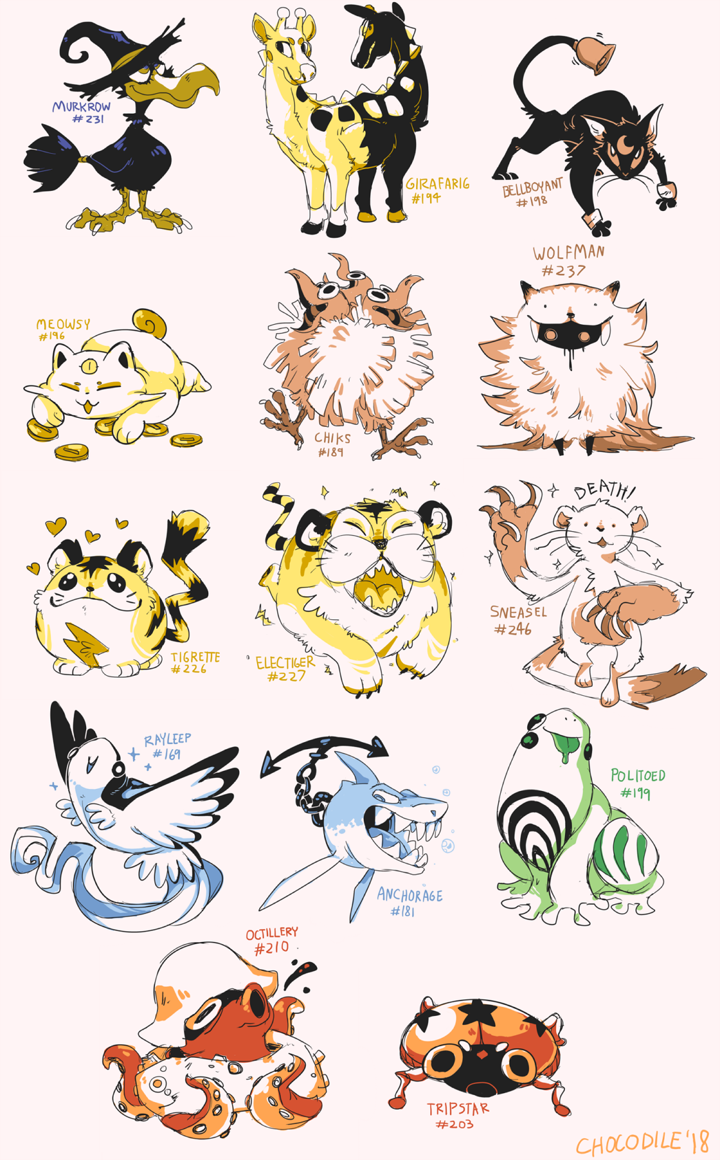 chocodiley, gen_2_pokemon, girafarig, highres, murkrow, octillery, pokemon, politoed, sneasel, wolfman