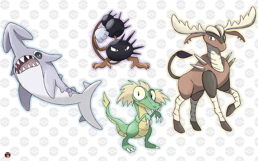 alexalan, cactus_(pokemon), commentary, creature, crocky, deer_(pokemon), english_commentary, jug_(pokemon), looking_at_viewer, no_humans, poke_ball_print, pokemon, pokemon_(creature), pokemon_rgby_beta, shark, standing