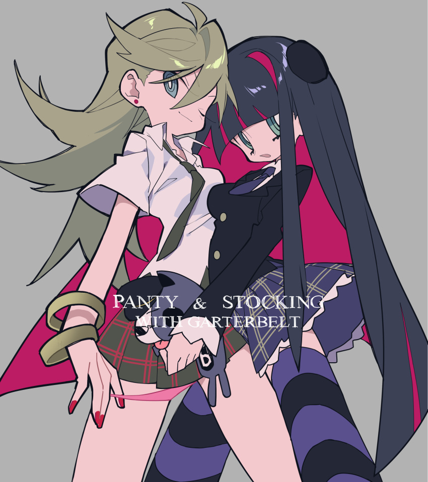 2girls, bangs, black_hair, blonde_hair, blue_eyes, bracelet, breasts, closed_mouth