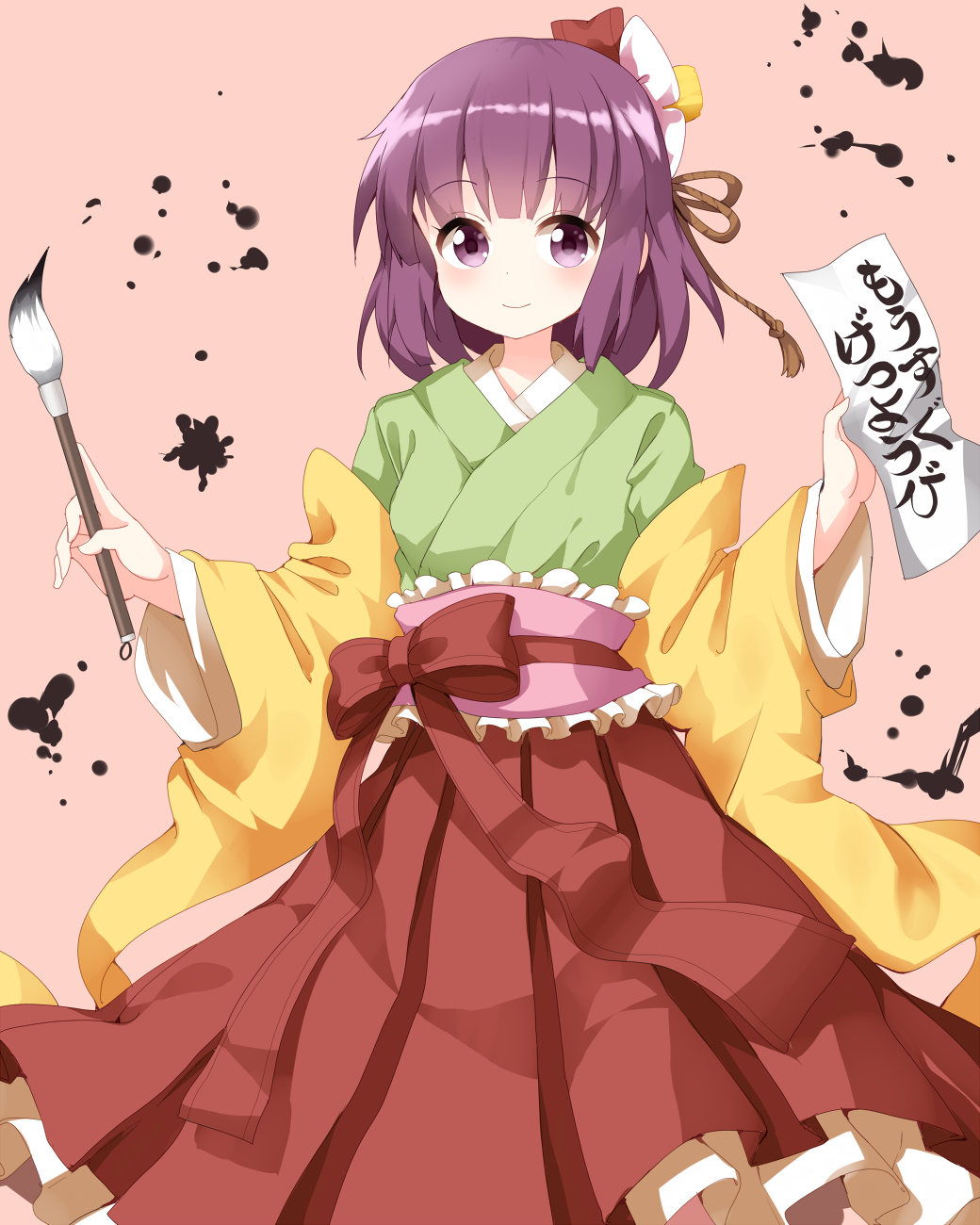 1girl, bangs, calligraphy_brush, cowboy_shot, eyebrows_visible_through_hair, flower, frilled_obi, hair_between_eyes