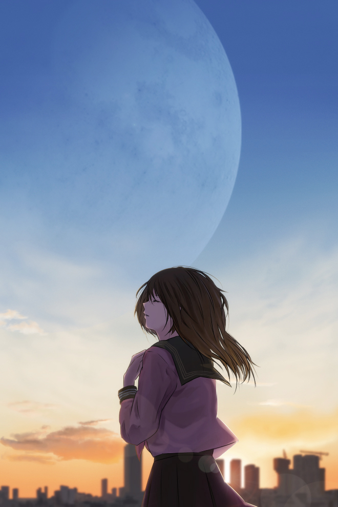 1girl, blurry, brown_hair, building, cityscape, closed_eyes, clouds, crane