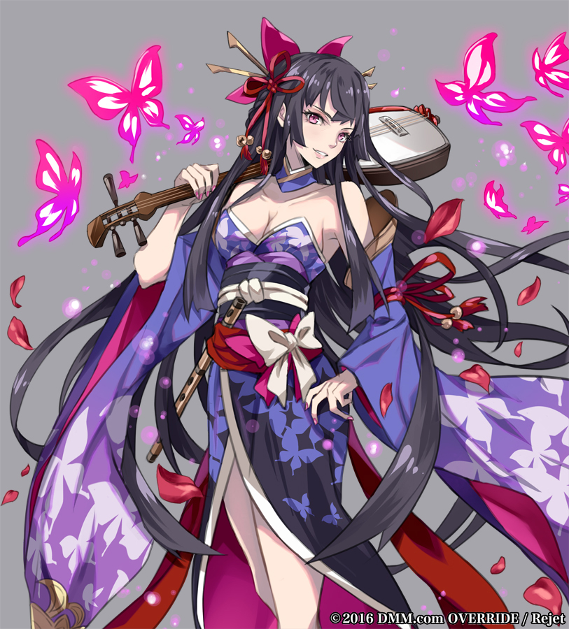 1girl, bangs, bell, black_hair, black_ribbon, bow, breasts, bug