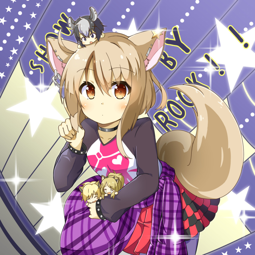 4girls, animal_ears, black_hair, blonde_hair, brown_eyes, chaakusu, cheety_(show_by_rock!!), chibi
