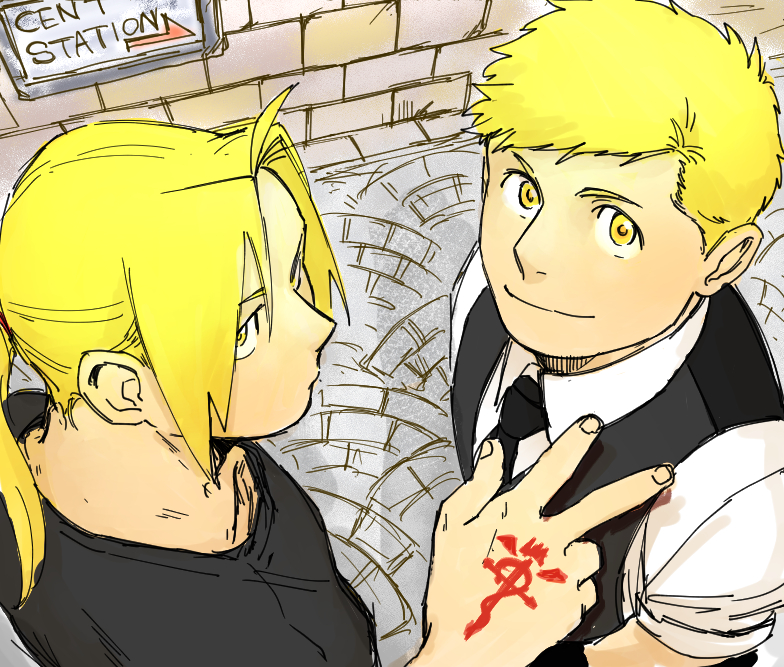 2boys, alphonse_elric, antenna_hair, black_shirt, blonde_hair, brothers, edward_elric, english