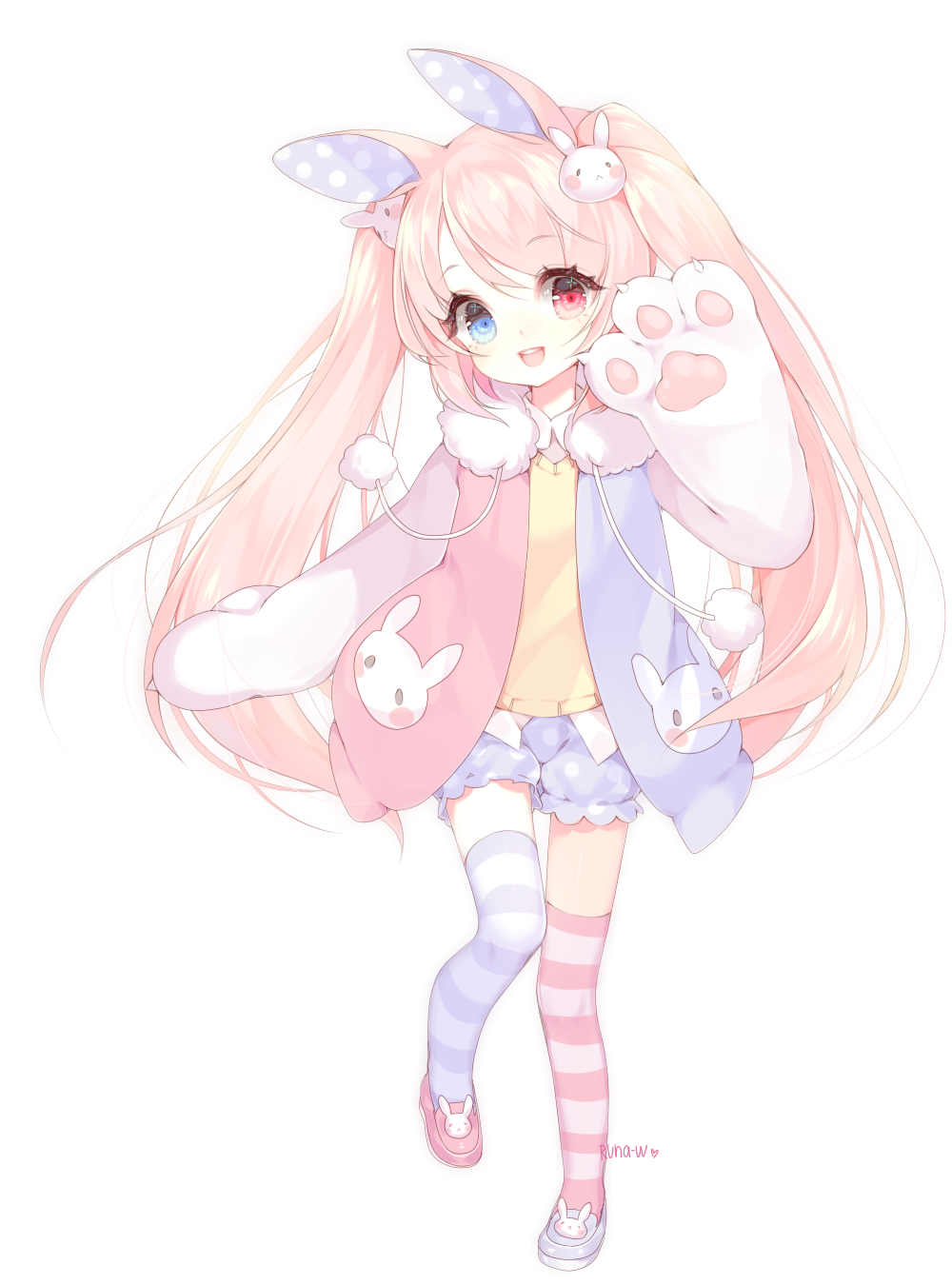 1girl, :d, animal_ears, blonde_hair, blue_eyes, commission, full_body, heterochromia