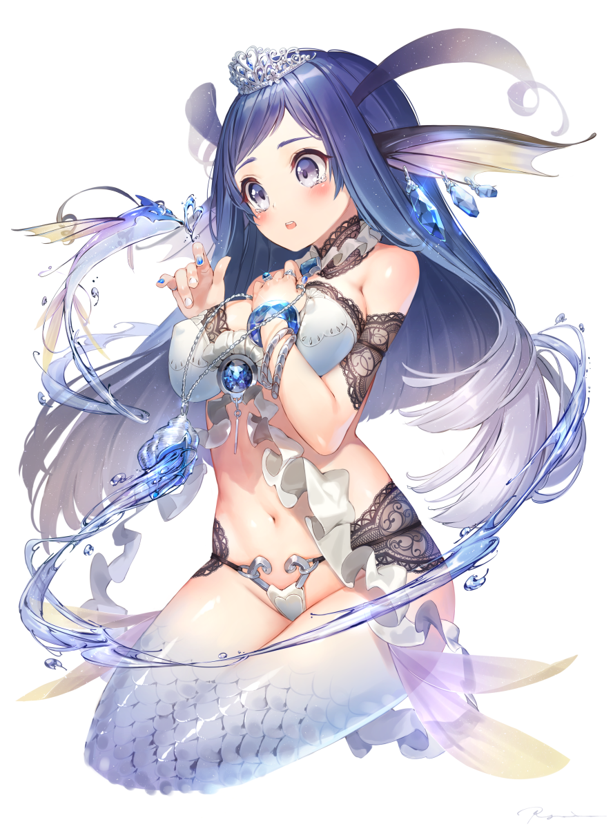 1girl, :o, armlet, bangs, bare_shoulders, bikini, blue_eyes, blue_hair, blue_hairband, blue_nails, blush, bra, bracelet, breasts, cleavage, crying, crying_with_eyes_open, crystal, detached_collar, erect_nipples, fingernails, fins, fish_girl, fish_scales, gem, glint, hair_ornament, hairband, hakura_kusa, hand_on_own_chest, hands_up, head_fins, heart, highres, holding_necklace, jewelry, lace, large_breasts, long_hair, looking_away, monster_girl, multicolored, multicolored_hair, multicolored_nails, multicolored_skin, nail_polish, navel, necklace_removed, open_mouth, original, parted_bangs, revealing_clothes, ring, sapphire_(stone), scales, seiza, shell, shiny, shiny_hair, signature, simple_background, sitting, solo, stomach, straight_hair, swimsuit, swirls, tears, thumb_ring, tiara, underwear, upper_body, violet_eyes, water, water_drop, white_background, white_bra, white_nails