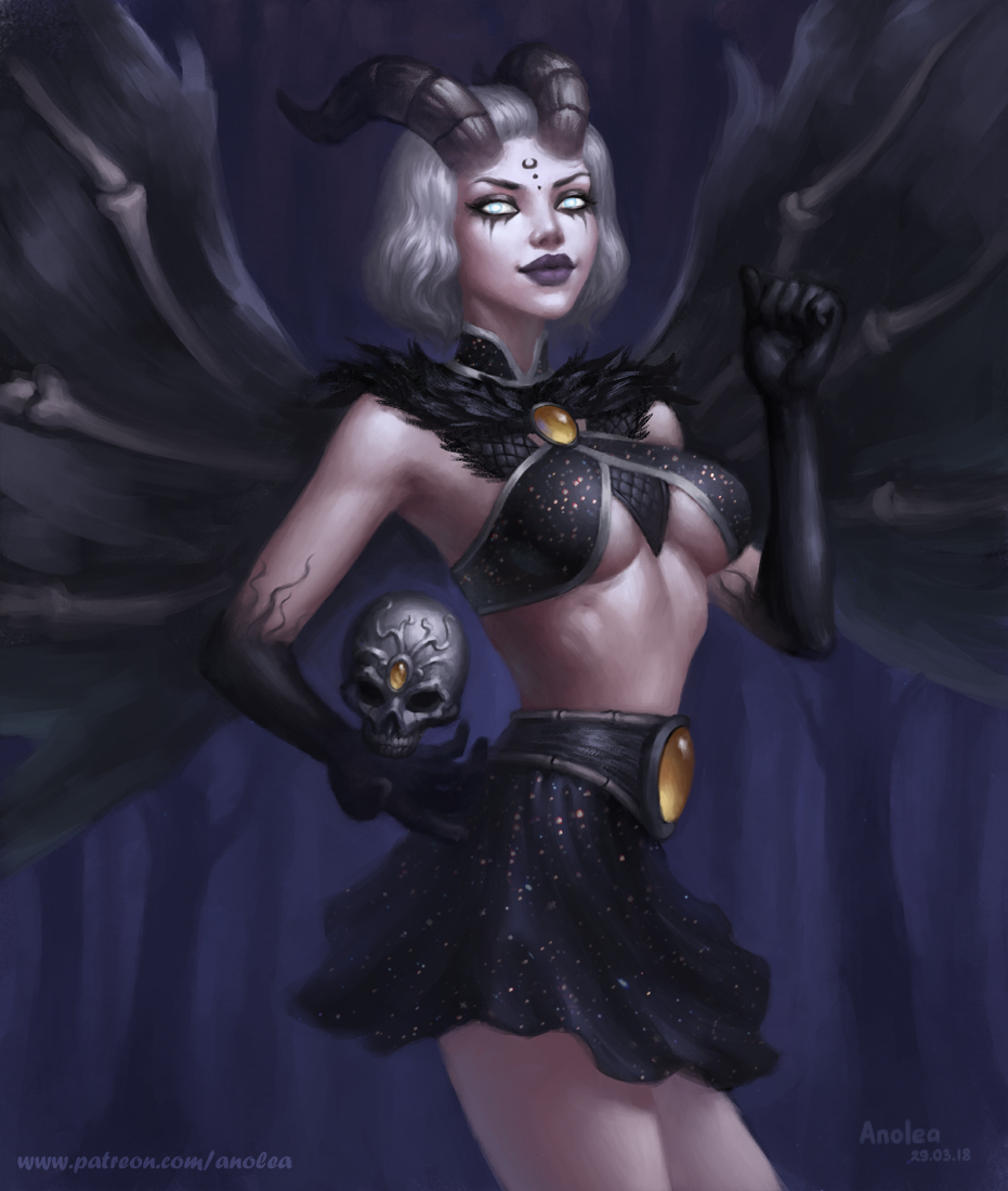 1girl, alternate_costume, anolea, artist_name, center_opening, dated, discordia_(smite), facial_mark, forehead_mark, gloves, horns, lipstick, makeup, patreon_username, skull, smite, solo, tree, white_eyes, white_hair, wings