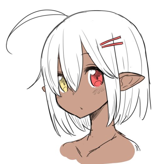1girl, ahoge, closed_mouth, dark_skin, elf, hair_ornament, hairclip, heterochromia