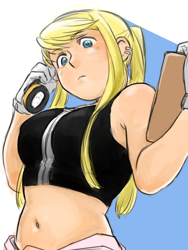 1girl, bangs, bare_arms, bare_shoulders, blonde_hair, blue_background, blue_eyes, breasts
