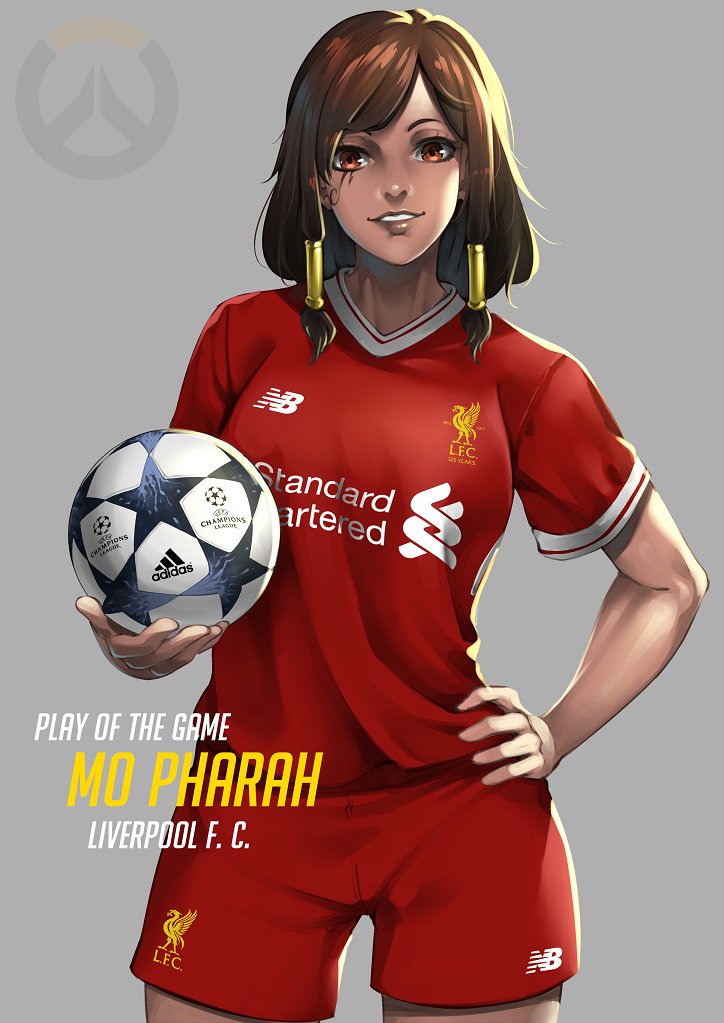 1girl, ball, brand_name_imitation, breasts, cleavage, cowboy_shot, dark_skin, facial_tattoo