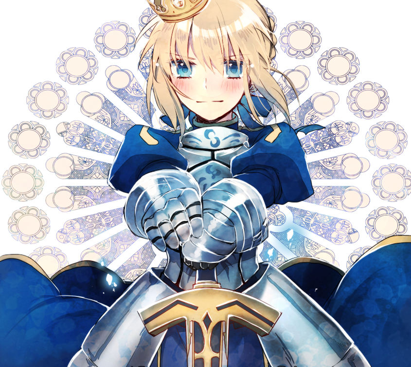 1girl, :|, armor, armored_dress, artoria_pendragon_(all), bangs, blonde_hair, blue_dress