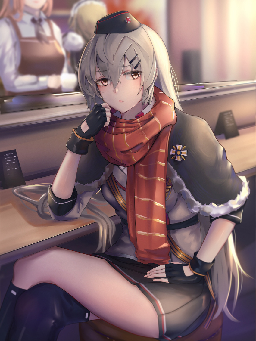 3girls, blonde_hair, brown_eyes, brown_hair, capelet, fingerless_gloves, frown, fur_trim