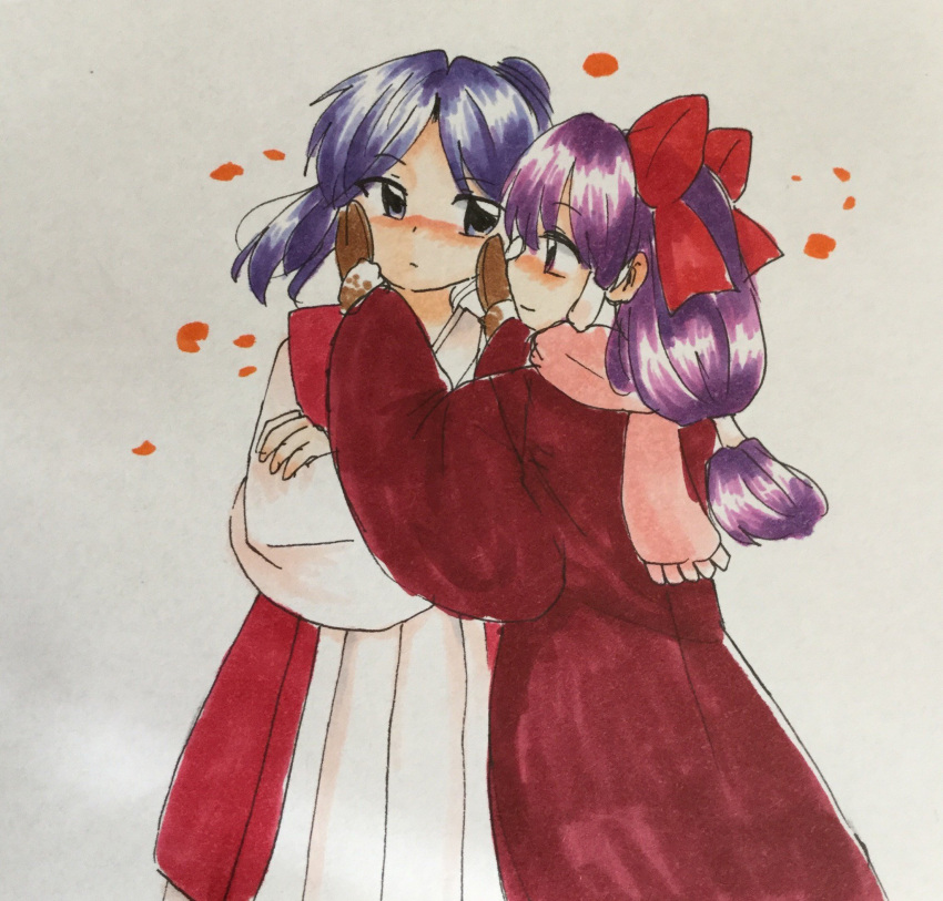 2girls, bangs, blue_eyes, blue_hair, blush, bow, commentary_request, hair_bow