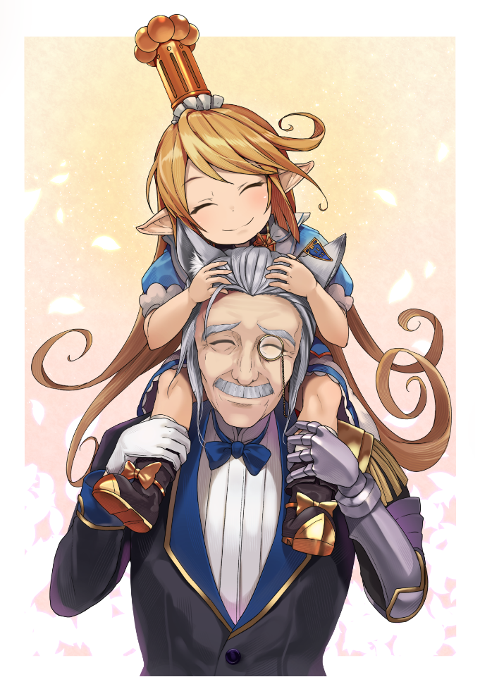 1boy, 1girl, ^_^, animal_ears, black_footwear, blonde_hair, blue_bow, blush, boots, bow, bowtie, charlotta_fenia, closed_eyes, commentary_request, crown, facial_hair, gauntlets, granblue_fantasy, hinami_(hinatamizu), long_hair, monocle, mustache, pointy_ears, revision, sevastian_(granblue_fantasy), silver_hair, sitting_on_shoulder, smile, very_long_hair