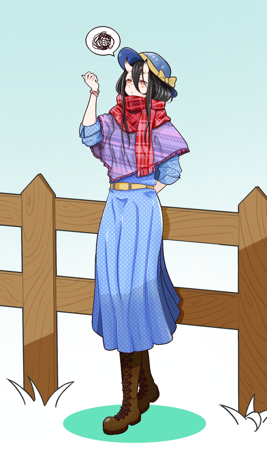 1girl, absurdres, against_fence, battleship_hime, black_hair, blush, boots, casual