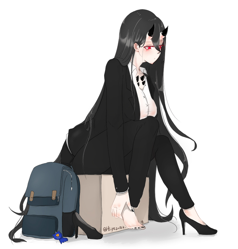 1girl, alternate_costume, backpack, bag, battleship_hime, black_hair, black_nails, breasts