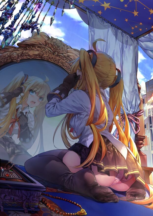 1girl, ahoge, amazon_(azur_lane), ass, azur_lane, bed, black_legwear, blonde_hair