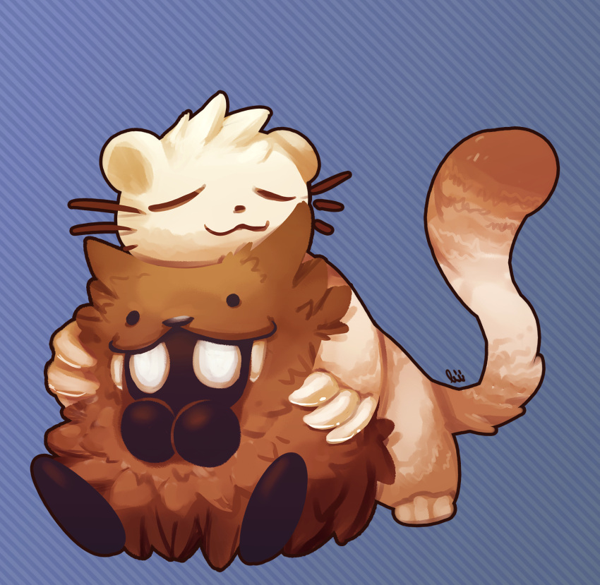 :3, beta_pokemon, blue_background, claws, closed_eyes, closed_mouth, highres, hug, hug_from_behind, lurils, no_humans, pokemon, pokemon_(creature), pokemon_gsc_beta, signature, smile, sneasel, striped, striped_background, tail, tail_raised, whiskers, wolfman_(pokemon)