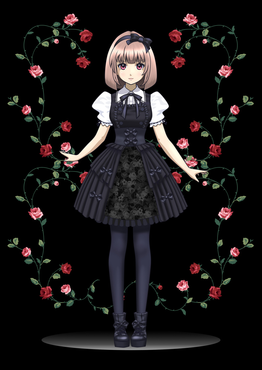 1girl, absurdres, black_background, black_bow, black_dress, black_hairband, black_legwear, boots