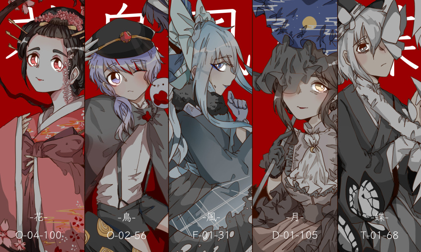 2boys, 3girls, bird, black_gloves, black_hair, black_hat, blue_eyes, blue_lipstick