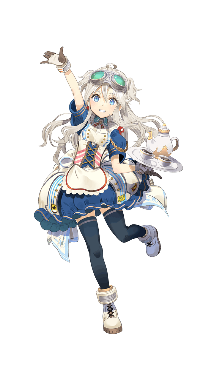 1girl, ahoge, alternate_costume, apron, arm_up, blonde_hair, blue_dress, blue_eyes, blue_legwear, bridget_kirkland, corset, cup, dress, enmaided, formation_girls, full_body, gloves, goggles, goggles_on_head, highres, holding, holding_tray, koyoi_mitsuki, long_hair, looking_at_viewer, maid, maid_apron, smile, solo, teacup, teapot, thigh-highs, tray, white_footwear