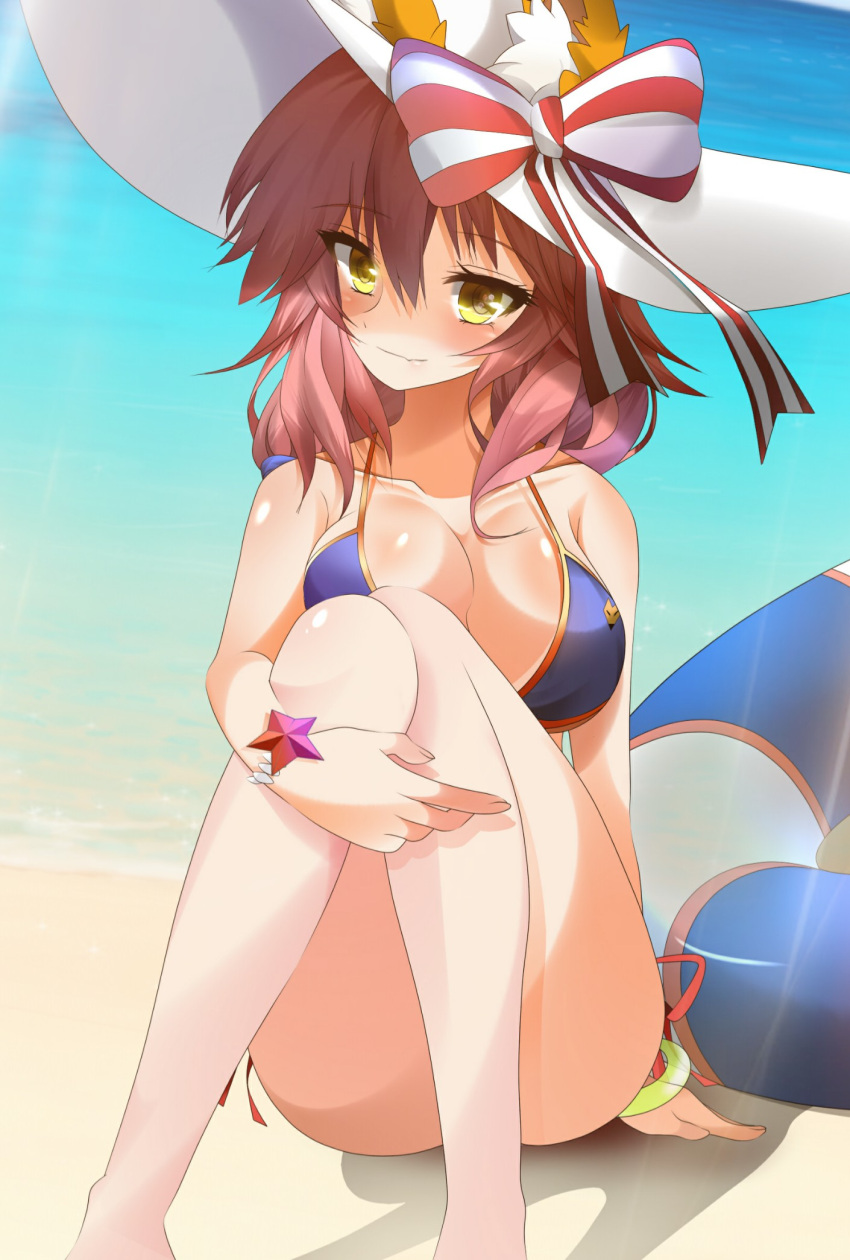 1girl, animal_ears, bikini, blue_bikini, breasts, cleavage, collarbone, ears_through_headwear