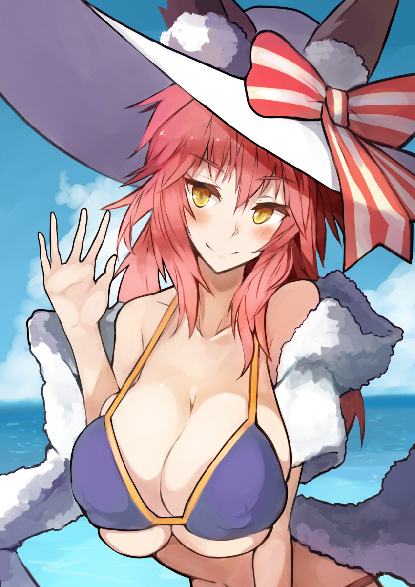 1girl, animal_ears, bikini, blue_bikini, blush, breasts, cleavage, collarbone